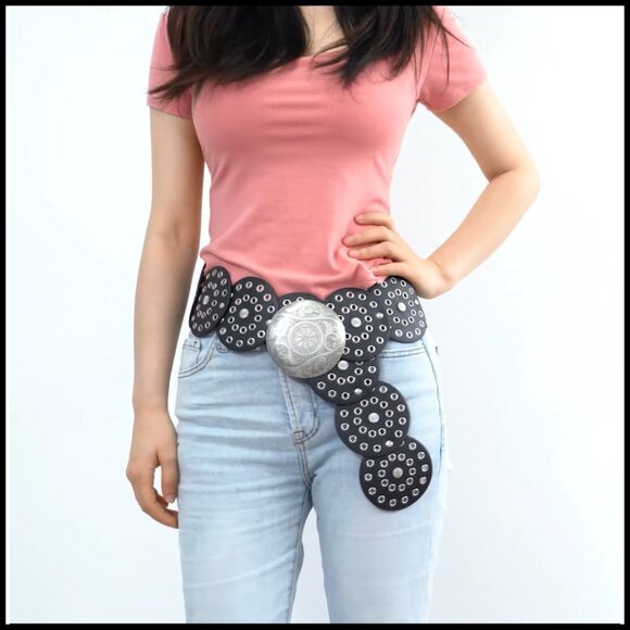 Western Hollow Disc Leather Belt Adjustable Boho Retro Cowgirl Style main image 4